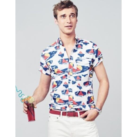 J. Crew Sailboat Print Button Shirt Mens Large Cotton Nautical Preppy Boats - Picture 2 of 9